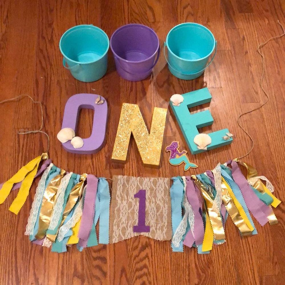 1st bday letters, high chair banner, and buckets